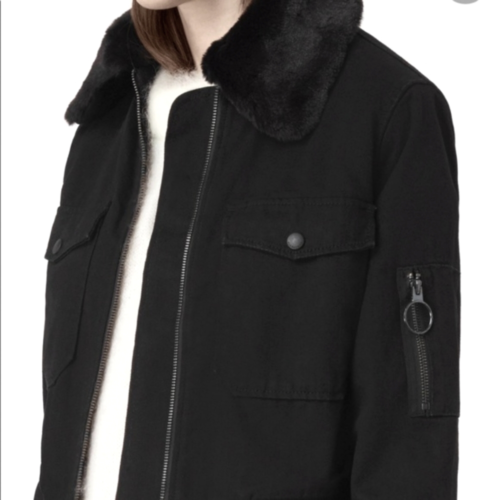 AllSaints North Denim Faux Fur Bomber Jacket Medium